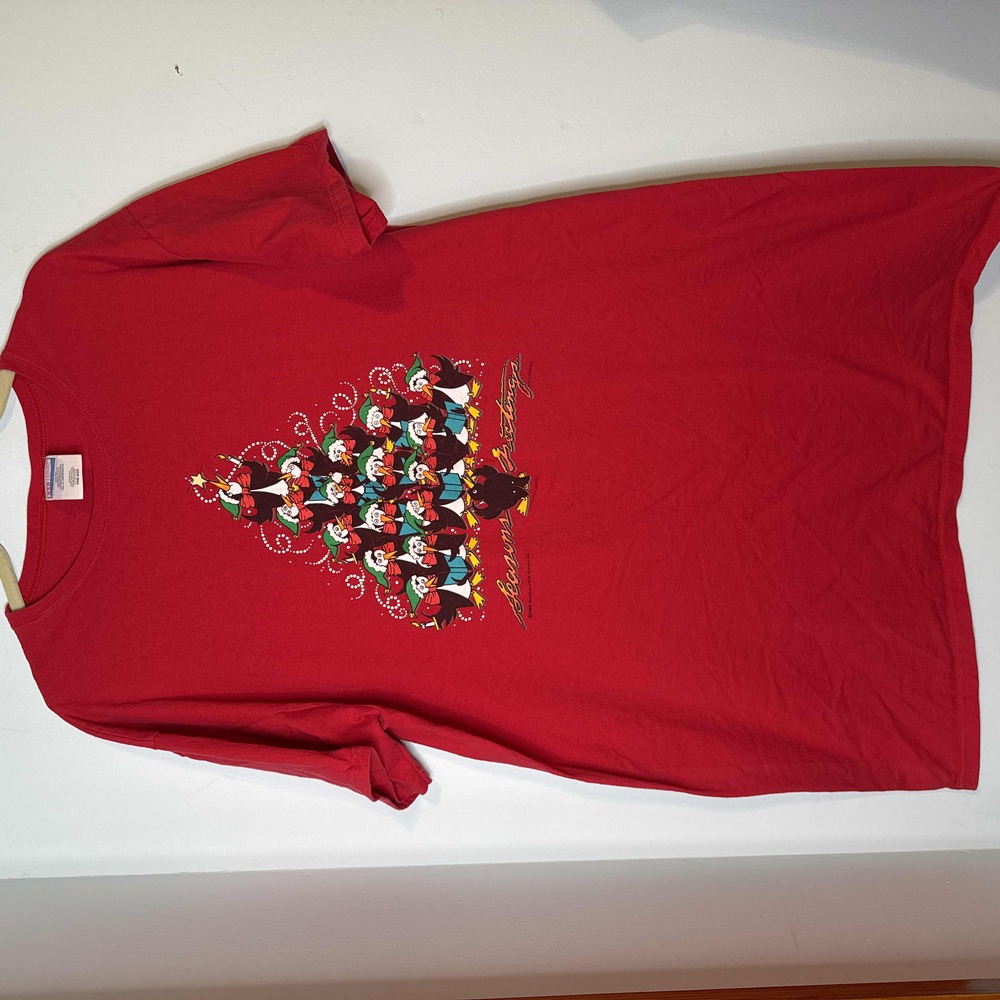 VTG 1990 Red Seasons Greetings Christmas Penguin Choir Women's‎ Nightshirt OSFA